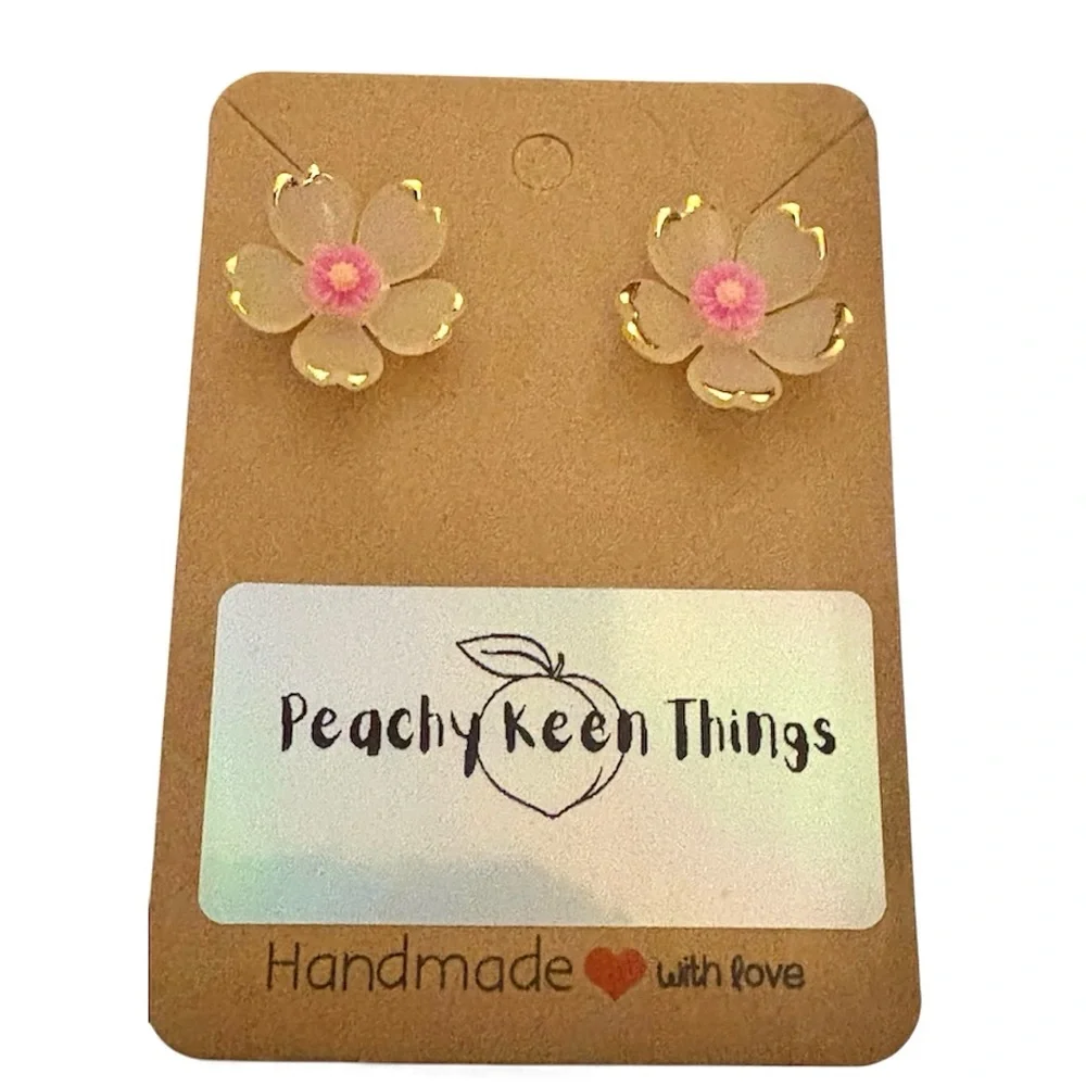 Lucite Cherry Blossom Flower Earrings with Cabohon Centers and 925 Posts. - Picture 2 of 11